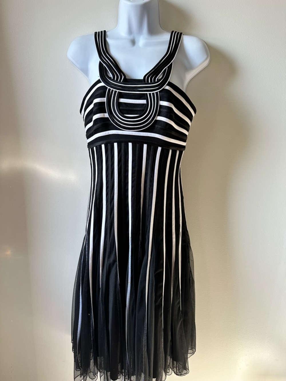 Black & White Striped Midi Dress with Decorative Neckline
